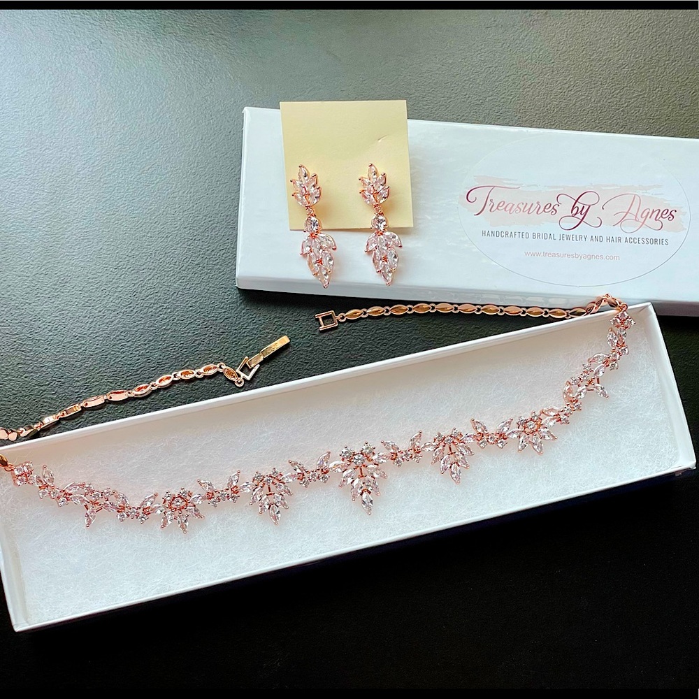 Rose Gold Cubic Zirconia Bridal Necklace/Earring Set